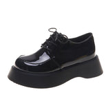 kamames Big-Headed Shoes Female Muffin Tie Round Head Thick-Soled Derby Shoes Doll Sen Small Black Leather Shoes Single Shoes