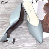 kamames Summer Fashion Women Pointed Toe Slipper Nude White Square Low Heels Outsides Ladies Slides Luxury Brand Beach Mules Shoes