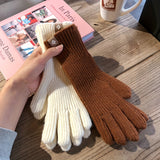 Solid Color Ribbed Knitting Gloves, Windproof Full Finger Touch Screen Warm Gloves, Women's Simple Autumn Winter Hand Warmer Gloves