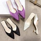kamames kamames Half Support Shoes Women 2023 Summer New Large Size Tip Thin Heel Shallow Cloth Mueller Shoes Middle Heel Slippers