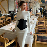 kamames Women O Neck Bandage Dress 2022 New Summer Sexy Long Sleeve Fashion Stitching Tight Patchwork Club Female Party Midi Vestidos