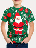 Festive Kids' Santa Print Short Sleeve T-Shirt - Soft 100% Polyester Crew Neck Top with Slight Stretch, Regular Fit, Breathable Knit Fabric, Perfect for Weekend Casual, Christmas Parties and Holiday Events - Size 12 and Under