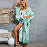 kamames Printed Fringed Long Kimono Dress Bikini Wrap Cover-ups Plus Size Women Summer Clothes Beach Wear Swim Suit Cover Up A1098