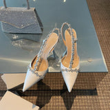 kamames Temperament French Small Heels Socialite Pointed Single Shoes Fairies White High Heels Fine Heels Water Drill Baotou Sandals Women's Summer