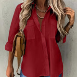 Plus Size Lapel Collar Shirt - Soft Cotton Blend, Slight Stretch, Pocket Detail, Casual High Low Hem - Perfect for Spring & Summer, Womens Comfortable Everyday Wear