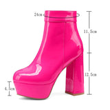 kamames Fashion Platform Women Ankle Boots Bright Pu Leather Square High Heel Punk Boots Autumn Winter Shoes Pink White Black Red
