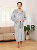 Men's Solid Color Flannel Hooded Robe, Pajama Set With Pockets For Home Wear, Comfy & Gentle Style, Perfect For Fall/Winter