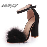 kamames Women Pumps T-stage Fur Buckle Strap Platform Open Toe Dancing High Heel Sandals Sexy Party Wedding Shoes Black mujer s01
