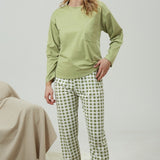 Plaid Print Pocket Crew Neck Long Pajamas Set, Casual Long Sleeve Pajama Top & Comfortable Long Pant, Women's Loungewear & Sleepwear