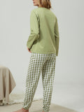 Plaid Print Pocket Crew Neck Long Pajamas Set, Casual Long Sleeve Pajama Top & Comfortable Long Pant, Women's Loungewear & Sleepwear