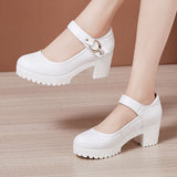 kamames Cheongsam Catwalk High Heels Waterproof Platform Large Round Head Thick Heel Black Professional Single Shoes Working Shoes