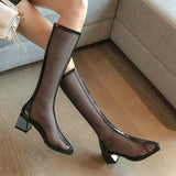 kamames Beige Women Knee High Boots Fashion Zipper Breathable Mesh Boots Sexy Hollow Chunky Heel Long Boots Summer Shoes