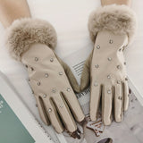 Thick Soft Plush Cuff Gloves Rhinestone Decor PU Leather Gloves Autumn Winter Windproof Touchscreen Gloves