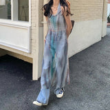 Zingj Y2K Tie Dye Tulle Sheer Dress Women Sexy Spaghetti Strap Midi Dress Streetwear Harajuku Mesh See Through Loose Sundress