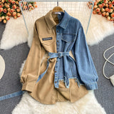 kamames kamames Spliced Corduroy Lapel Dress 2023 Autumn And Winter New Korean Version Waist Shows Thin Irregular Medium Length