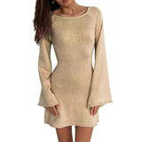 Zingj Women Knitted Dress Casual Solid Color Backless Long Sleeve Mini Party Dress for Beach Cocktail Club Streetwear