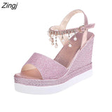 kamames New Women Wedge Sandals Summer Bead Studded Detail Platform Sandals Buckle Strap Peep Toe Thick Bottom Casual Shoes Ladies