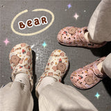 Women's Sandals Korea Ins Style Cute Cartoon Little Bear Deco Hole Shoes Antislip Thicken Sole Outdoor Beach Summer Flats Slides