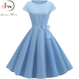 kamames Vintage Dress Women Polka Dot Elegant Short Sleeve A-Line Midi Party Dress Sundress Robe Rockabilly Vestidos