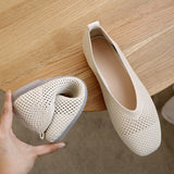 kamames Cloth Square Head Grandma Shoes 2024 New Soft Soles Hollowed-Out Shallow Casual Ladyshoes Knitted Flat Soles Flying Knitted Single Shoes