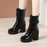 kamames Martin Boots 2023 Autumn / Winter Cheongsam Walking Shoes Tie English Style Thick Heels Lacquered Leather Boots Women's Short Boots