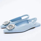 kamames ZAR 2022 Summer New Women Rhinestone Pointed Toe Shallow Mouth Flat Sandals Slippers Back Strap Baotou Temperament Muller Shoes