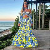 Zingj Summer Two Pieces Maxi Dress For Women Halter Lace Up Tops And Retro Floral Print Long Skirt Ruffled Holiday Beach Dresses