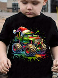 Boys' Festive Christmas Truck Print T-Shirt - Casual, Comfy Polyester Crew Neck Tee for Youngsters, Machine Washable - Perfect for Spring/Summer