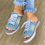 kamames summer open-toe fish mouth denim lace-up shoes casual flat shoes ladies large canvas slippers