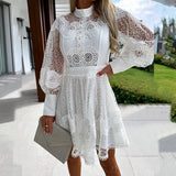 Zingj Hollow Out Long Sleeved Waist Office Dress New Spring Lace Patchwork Dress Chic Women O-neck Pearl Button Solid Mini Dress