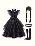 Enchanting Toddler Girls Ruffle Dress Costume Set - Ethereal Mesh Layers, Adorable Trims - For Birthday Parties, Halloween & Cosplay - Includes Belt, Wig & Socks Accessories