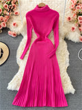 kamames Women Pleated Knitted Dress Turtleneck Long Sleeve Elastic Slim Pencil Dress Autumn Winter Sexy Bodycon Sweater Dress