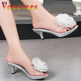 kamames Three-Dimensional Flowers Slippers Summer Transparent Sandals Beach Shoes Thin High Heels Walk Show Crystal Party Women Shoes