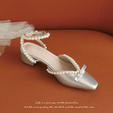 kamames kamames Summer New French Middle Heel Baotou Sandals Women's Thick Heels With Pearl High Heels Fairy Wedding Shoes