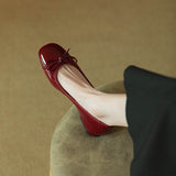 kamames Vintage Bow Knot Lacquered Leather Bean Shoes Women's Flat Soles Summer Autumn Square Head Single Shoes Thick Heels Wine Red