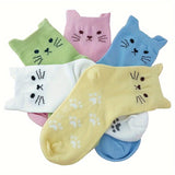 5 Pairs of Adorable Cat Face Girls Socks - Soft-Cotton Blend, Ultra-Comfortable Ear Lifting Design, Breathable for Spring & Summer - Versatile Casual Wear with Elasticized Arch Support