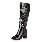 kamames White Autumn Women Boots Fashion Pleated Knee High Boots Square Low Heel Pointed Toe Winter Long Boots Lady Shoes 2021