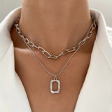 1pc, Exquisite Geometric Double Layer Hollow Square Pendant Necklace - Fashionable Stacking Clavicle Chain with Dainty Details for Women and Girls, Perfect for Graduation, Mothers Day, Birthday, Anniversary, Wedding, and Party Favors