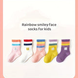 5 Pairs Of Toddler's Trendy Color Block & Smiling Face Pattern Crew Socks, Soft Comfy Children's Socks For Boys Girls All Seasons Wearing