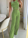 kamames Solid Women Pant Two Piece Set Sleeveless O-neck Slim Naked Waist Top Wide Leg Pants Suit Chic Office Lady Clothing