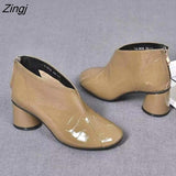 kamames Women's Short Boots Casual Thick Heels Shoe High Heels Round Toe Rear Zipper Leather Boots All-match British Style Women's Boots