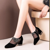 kamames Women's Shoes 2022 Spring Size 43 Flowers Square Heel Sandals Women Breathable Mesh Pointed Toe Summer Rhinestone Sandals Women