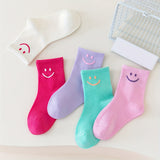 5 Pairs Of Girl's Cartoon Happy Face Pattern Knitted Socks, Cotton Blend Comfy Breathable Soft Crew Socks For Outdoor Wearing