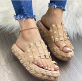 kamames Women Summer Shoes 2022 Fashion Plus Size Pearl Flat Straw Slippers Women's Round Toe Platform Women Sandals Sandalias Mujer