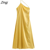 kamames Women Sexy Single Shoulder Solid Color Soft Satin Asymmetrical Midi Dress Female Chic Backless Side Zipper Vestido DS2149