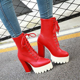 kamames Women Lacing High Heel Ankle Boots Platform Female Boots Shoes Round Toe Ladies Party Shoes Rubber Sole Promotion Black White
