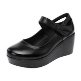 kamames Heel Slope Thick Soles Round Head Shallow Mouth Single Shoes Soft Soles Comfortable Leisure Middle-Aged Mother Shoes Large Size Small Leather Shoes