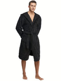 Men's Comfy Solid Fleece Robe Home Pajamas Wear With Pocket One-piece Lace Up Kimono Night-robe Warm Sets After Bath