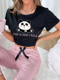 Womens Panda Print Casual Tee - Comfortable & Fashionable Short Sleeve Shirt with Playful Slogan, Adorable Round Neck Loungewear for Sweet Dreams