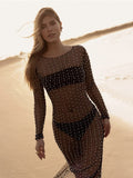 kamames Women's Beach Bikini Cover Up Bathing Suit Fish Net Pearl Rhinestone Mesh See Through Swimsuit Beachwear Dresses